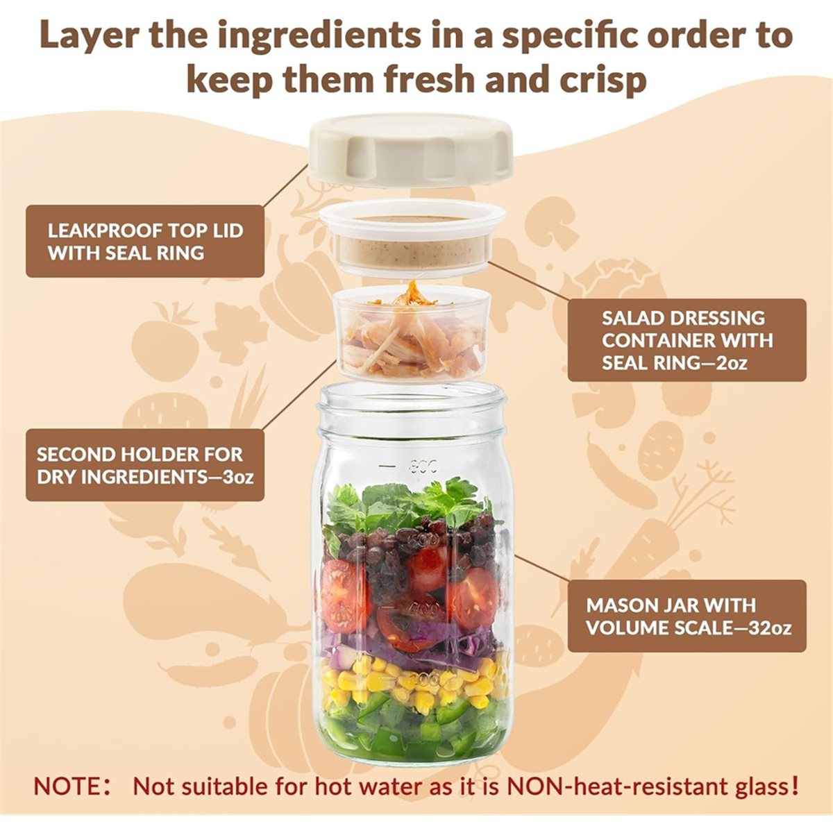 Meal Prep Jar Salad - A67T NOUVEAU Lot de 4 bocaux